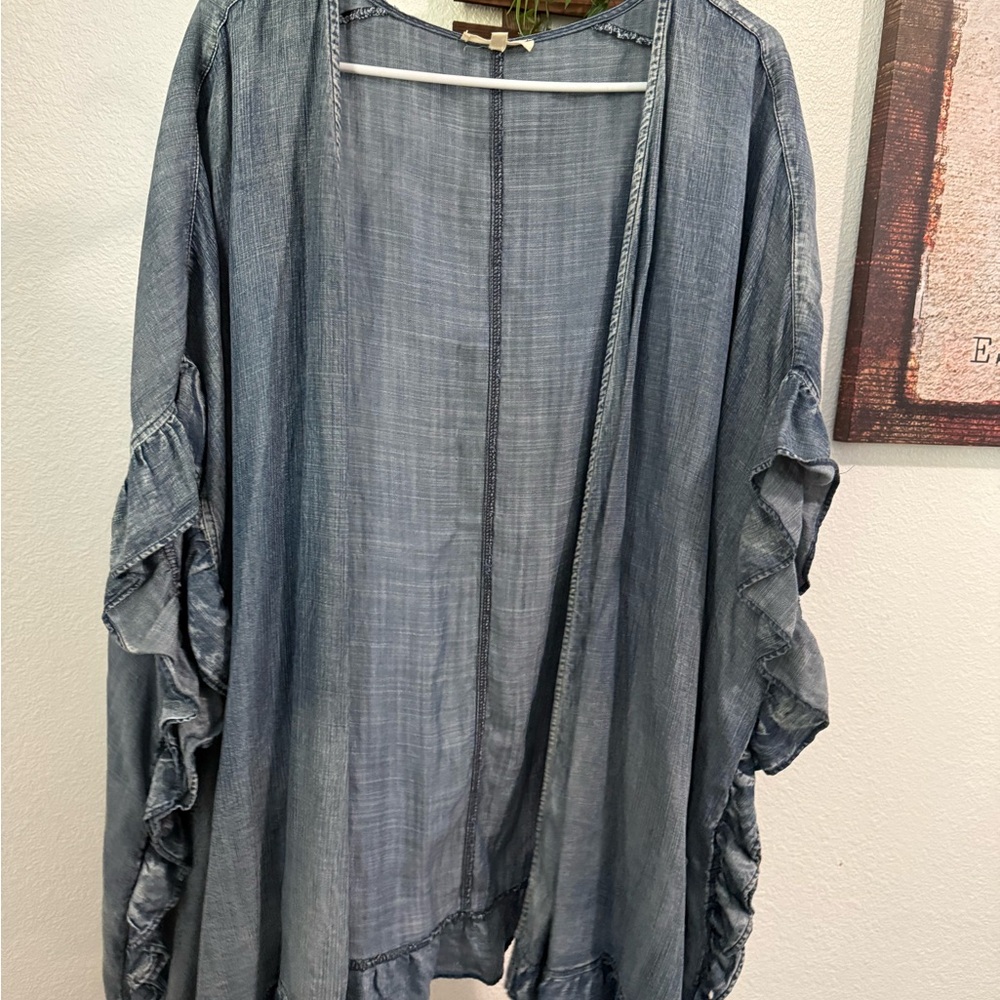 easel Denim Blue Open-Front Ruffle Sleeve Kimono